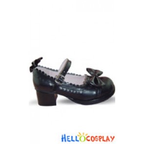 Matte Black Bow Ruffle Chunky Sweet Lolita Shoes