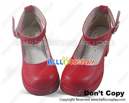Matt Red Ankle Buckle Strap Chunky Princess Lolita Shoes