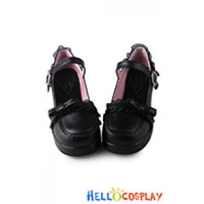 Sweet Lolita Shoes Black Chunky Instep Strap Lacing Bow Round Buckle