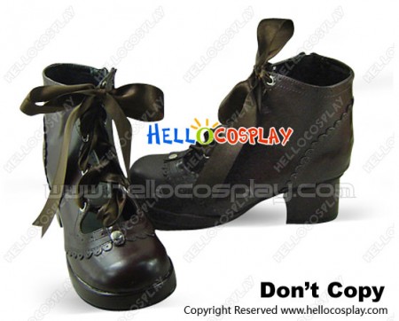 Brown Satin Lace Ruffle Chunky Princess Lolita Short Boots