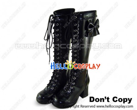 Black Bows Lace Up Ruffle Chunky Princess Lolita Boots