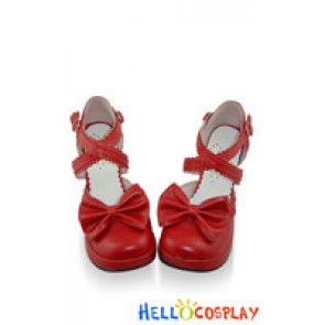 Wine Red Double Ankle Straps Ruffle Chunky Sweet Lolita Shoes