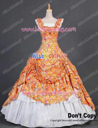 Victorian Southern Belle Ball Gown Reenactment Orange Floral Lolita Dress Costume