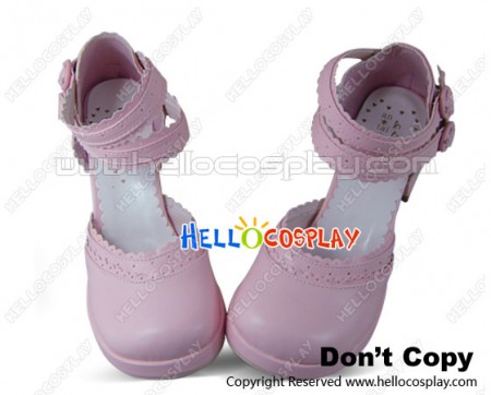 Pink Double Ankle Straps Ruffle Chunky Sweet Lolita Shoes