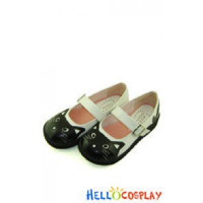 White Single Strap Black Cartoon Cat Blocking Lolita Shoes