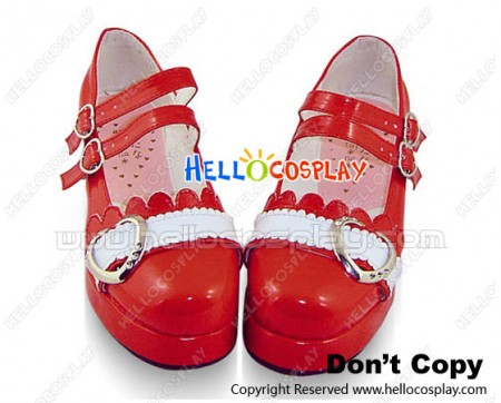 Mirror Red Two Straps Ruffle Platform Princess Lolita Shoes