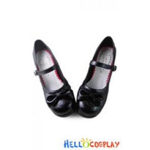 Princess Lolita Shoes Black Matte Single Strap Lace Bow Chunky