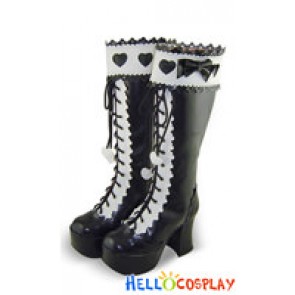 Black White Heart Ruffle Chunky Princess Lolita Long Boots
