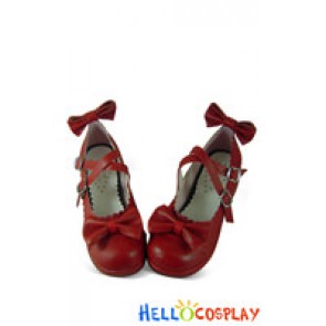 Red Round Toe Wedge Heel PU Lolita Shoes