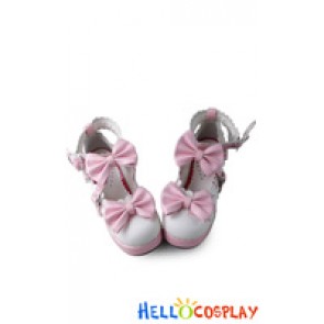 Princess Lolita Shoes Sweet Pink White Lace Straps Bows Chunky Heel