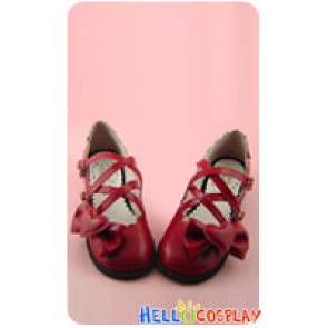 Wine Red Heart Shaped Bow Low Chunky Princess Lolita Shoes