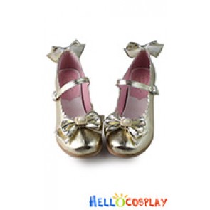 Lolita Shoes Gold Champagne Chunky Bows Princess Lace Instep Strap