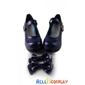 Princess Lolita Shoes Ultramarine Dark Blue Lace Bow Single Strap Wedge Heel