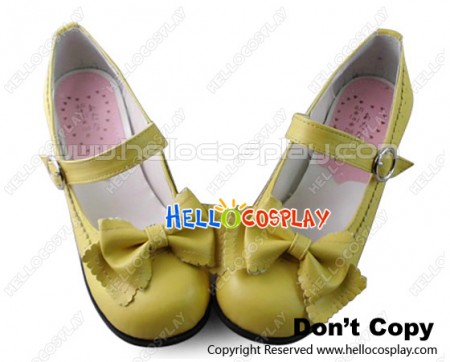 Sweet Lolita Shoes Chunky Milk Yellow Single Strap Round Buckle Lace Bow