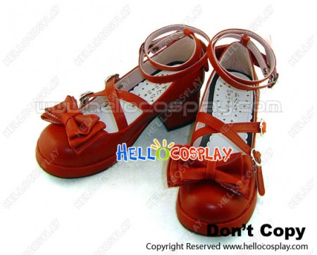 Wine Red Bow Many Straps Chunky Princess Lolita Shoes