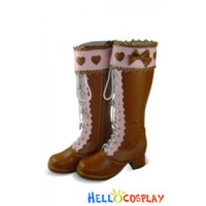 Light Brown Pink Heart Ruffle Chunky Princess Lolita Long Boots