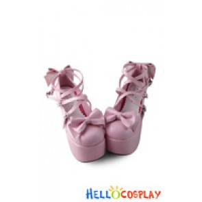 Princess Lolita Shoes Sweet Pink Ankle Crossing Straps High Chunky Bows Buckles