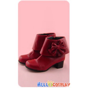 Wine Red Ruffle Bow Chunky Sweet Lolita Short Boots