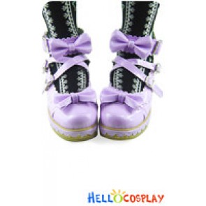 Light Purple Ankle Straps Bows Sweet Lolita Scalloped Shoes