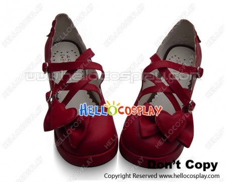 Wine Red Heart Shaped Bow Chunky Princess Lolita Shoes