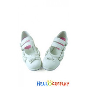 White Bows Double Ruffle Straps Chunky Princess Lolita Shoes