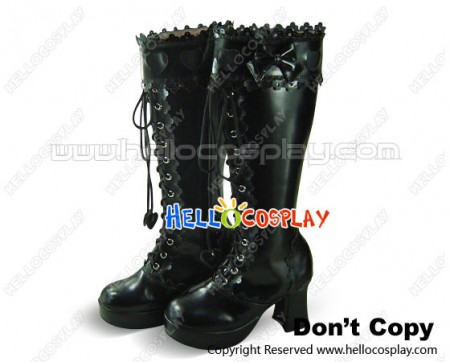 Matte Black Ruffle Chunky Princess Lolita Long Boots