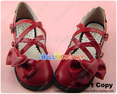 Wine Red Heart Shaped Bow Low Chunky Princess Lolita Shoes