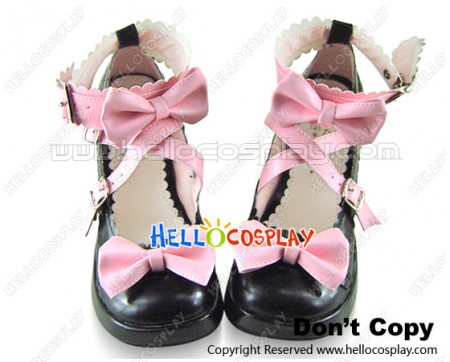 Black Pink Ankle Strap Scalloped Trim Butterfly Lolita Shoes