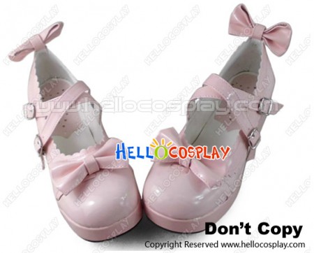 Lolita Shoes Sweet Pink Mirror Lacing Crossing Straps Bows Square Buckles