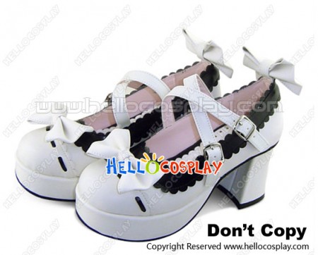 White Crisscross Bow Black Lace PU Leather Chunky Heel Shoes