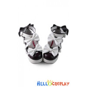 Princess Lolita Shoes Black White Chunky Ankle Strap Lace Bows Heart Shaped Buckles