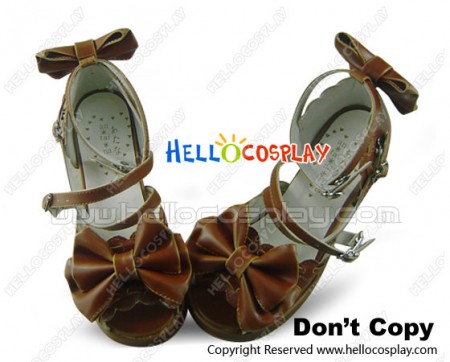 Light Brown Bows Instep Straps Chunky Princess Lolita Shoes