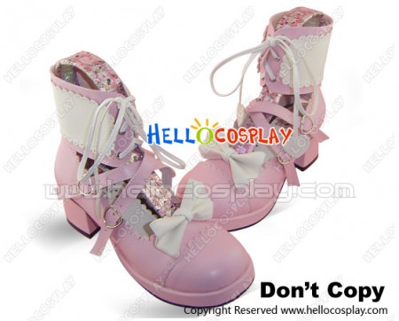 Matt Pink White Bow Lacing Straps Chunky Princess Lolita Shoes