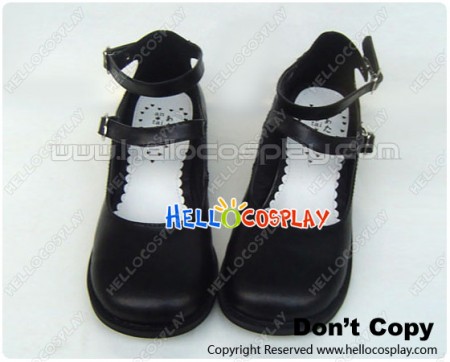 Matte Black Pure Double Straps Chunky Princess Lolita Shoes