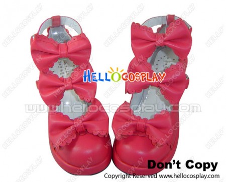 Red Sheepskin Three Bows Ruffle Chunky Princess Lolita Shoes