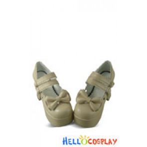 Beige Bow Ruffle Double Straps Chunky Princess Lolita Shoes