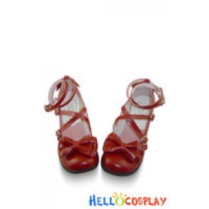 Matt Wine Red Bow Many Straps Chunky Princess Lolita Shoes