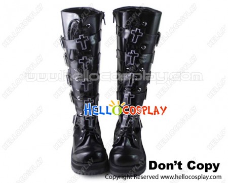 Punk Lolita Boots Black Straps Cross Square Buckles Chunky Lace Up