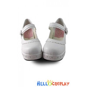 Lolita Shoes Sweet White Matte Heart Shaped Ruffle Platform Instep Strap