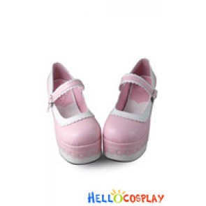 Princess Lolita Shoes Platform Pink White Lace Single Strap Heart Shaped Buckle