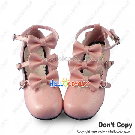 Sweet Lolita Shoes Matte Pink Four Bows Straps Lace Heart Shaped Buckle