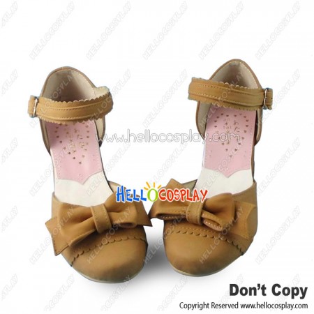 Princess Lolita Shoes Beige Sweet Bow Lace Ankle Strap Chunky PU Leather Sandals