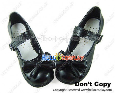 Matte Black Bow Ruffle Single Strap Chunky Princess Lolita Shoes