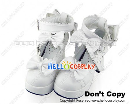 White Bows Heart Shaped Buckle Chunky Princess Lolita Shoes