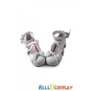 Princess Lolita Shoes White Matte Ankle Lace Crossing Straps Heart Shaped Buckles