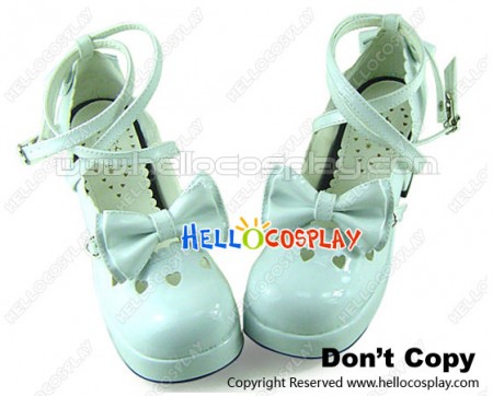 Mirror White Bow Crossing Straps Chunky Princess Lolita Shoes