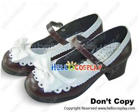 White Brown Heart Shaped Ruffle Chunky Princess Lolita Shoes