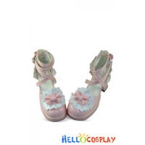 Mirror Pink Ruffle Flower Bow Chunky Princess Lolita Shoes