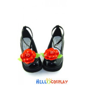 Black Ankle Strap With Rose Platform Princess Lolita Shoes