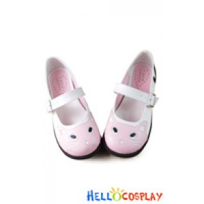 Lolita Shoes White Single Strap Pink Cartoon Cat Blocking